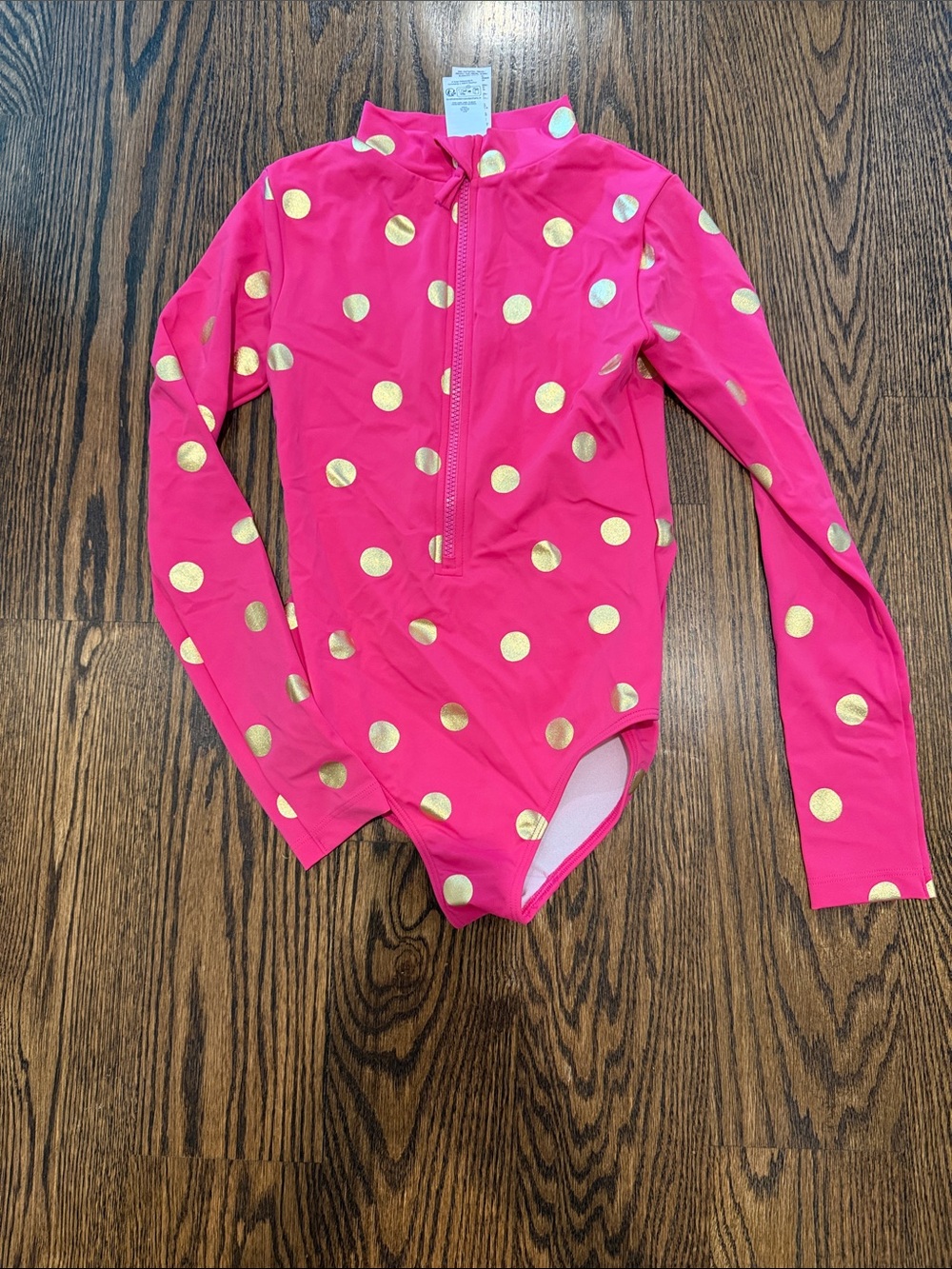 Mini Boden fuchsia Long-Sleeve One-Piece Rashguard with Gold Polka Dots 11-12y